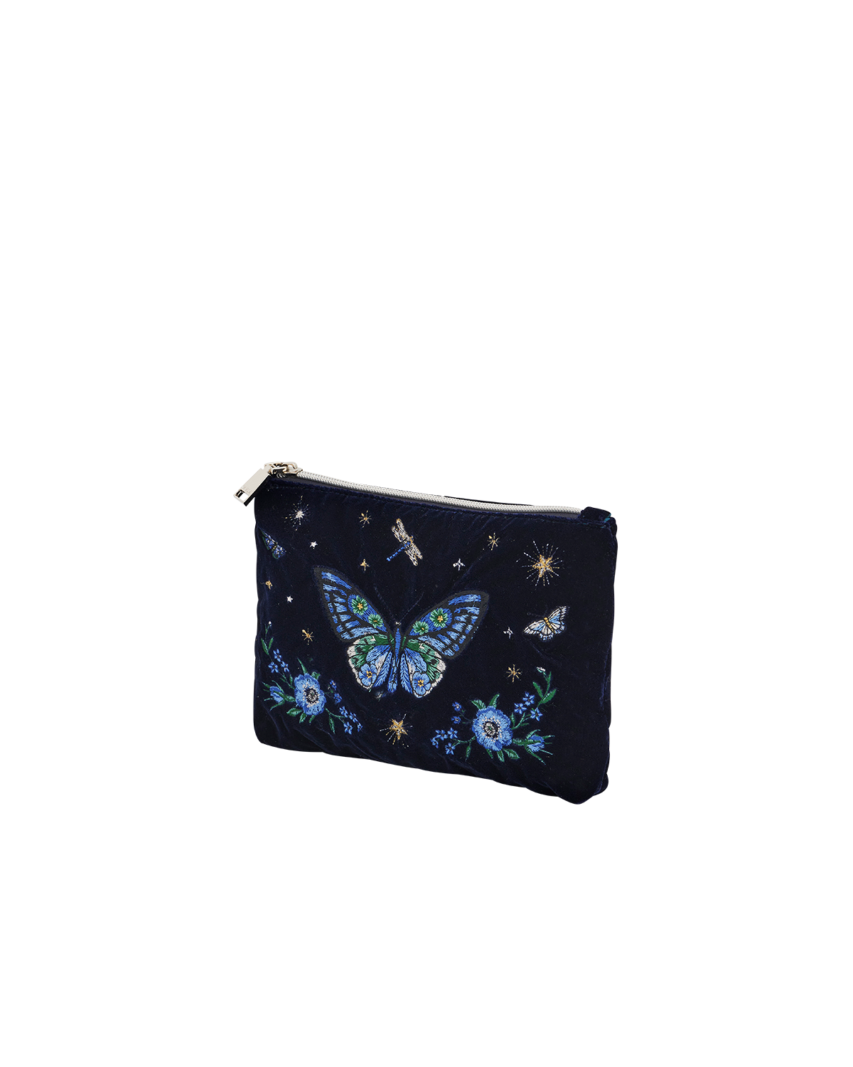 Butterfly Embroidered Pouch in Navy Velvet
