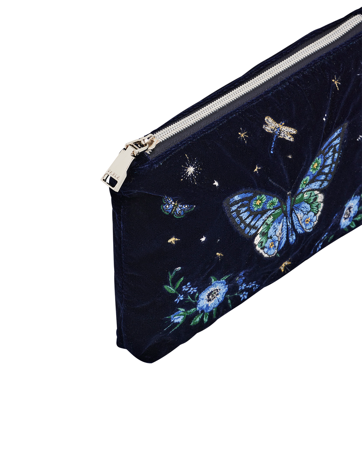Butterfly Embroidered Pouch in Navy Velvet