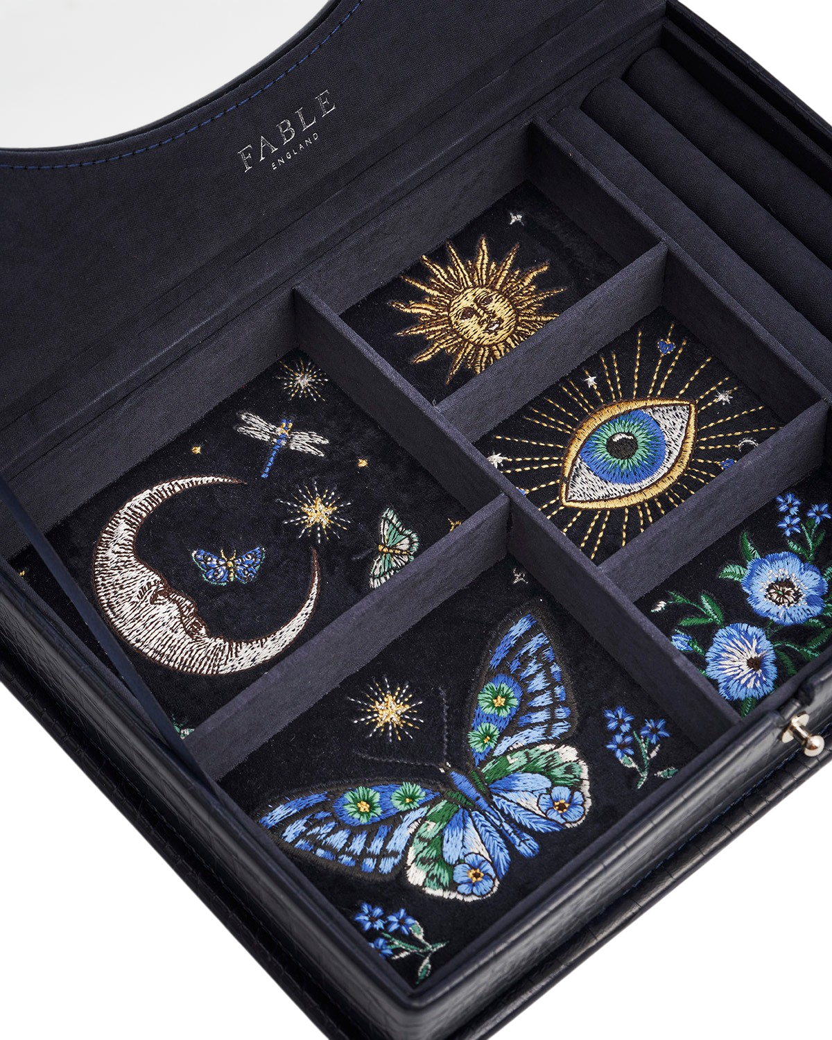Night Sky Embroidered Large Jewellery Box in Navy Croc