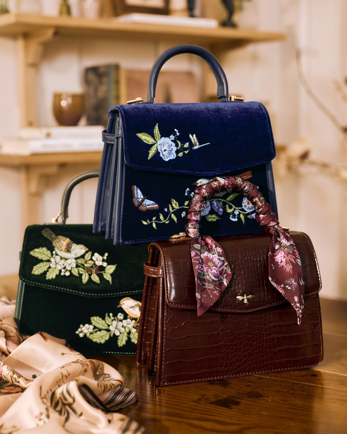 Eliza Nightingale Embroidered Top Handle Bag in Sapphire Velvet styled