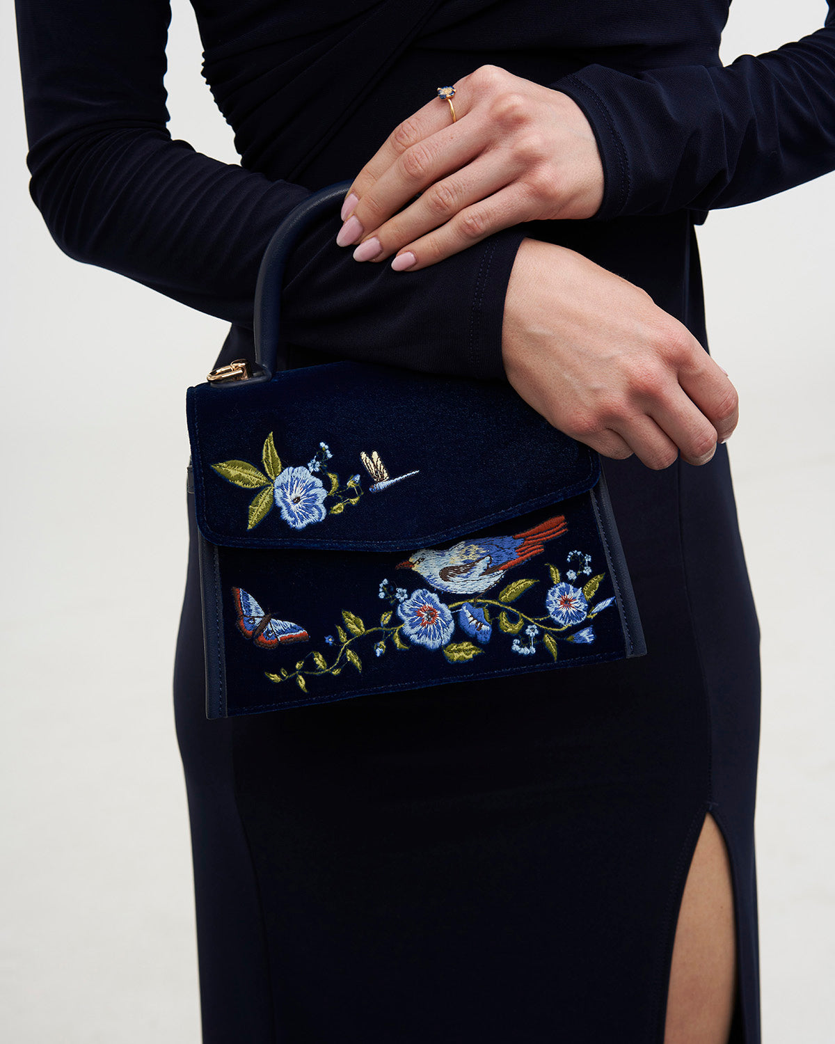 Eliza Nightingale Embroidered Top Handle Bag in Sapphire Velvet