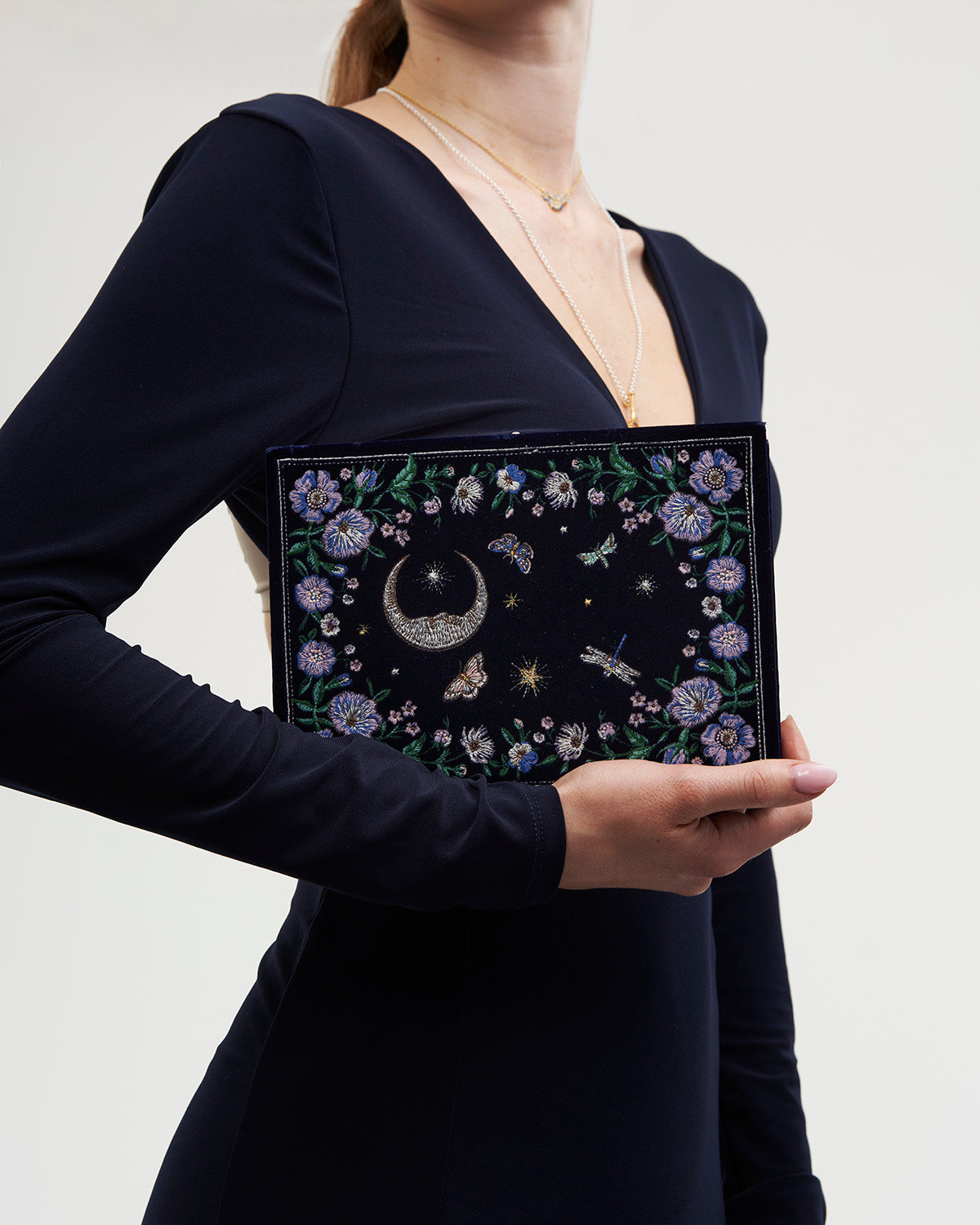 Marianne Midnight Garden Embroidered Book Box in Navy Velvet