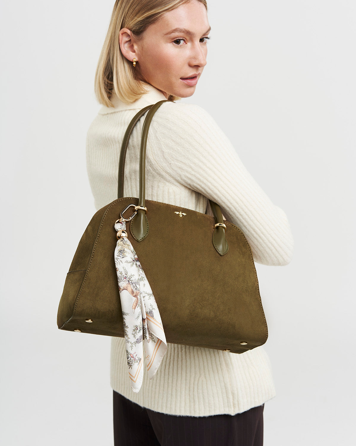 Amelia Faux Suede Shoulder Bag in Khaki