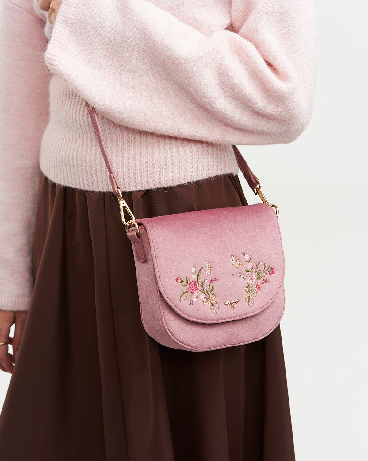 Beth Floral Posy Embroidered Saddle Bag in Rose Pink Velvet