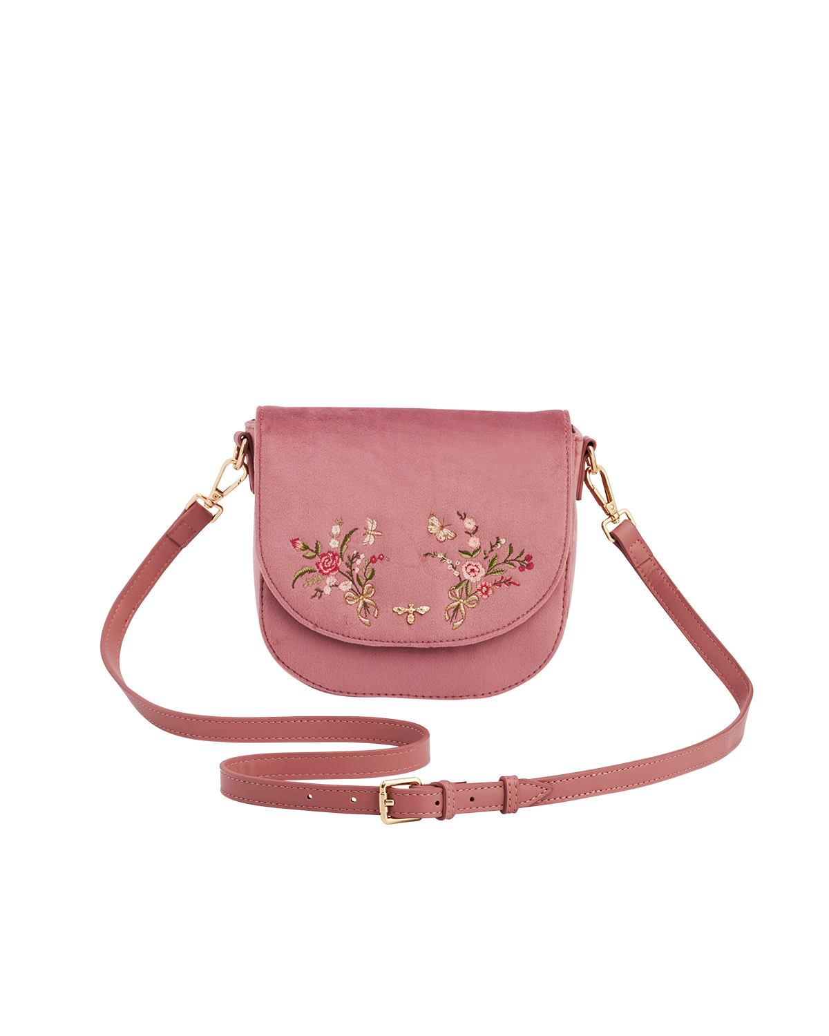Beth Floral Posy Embroidered Saddle Bag in Rose Pink Velvet