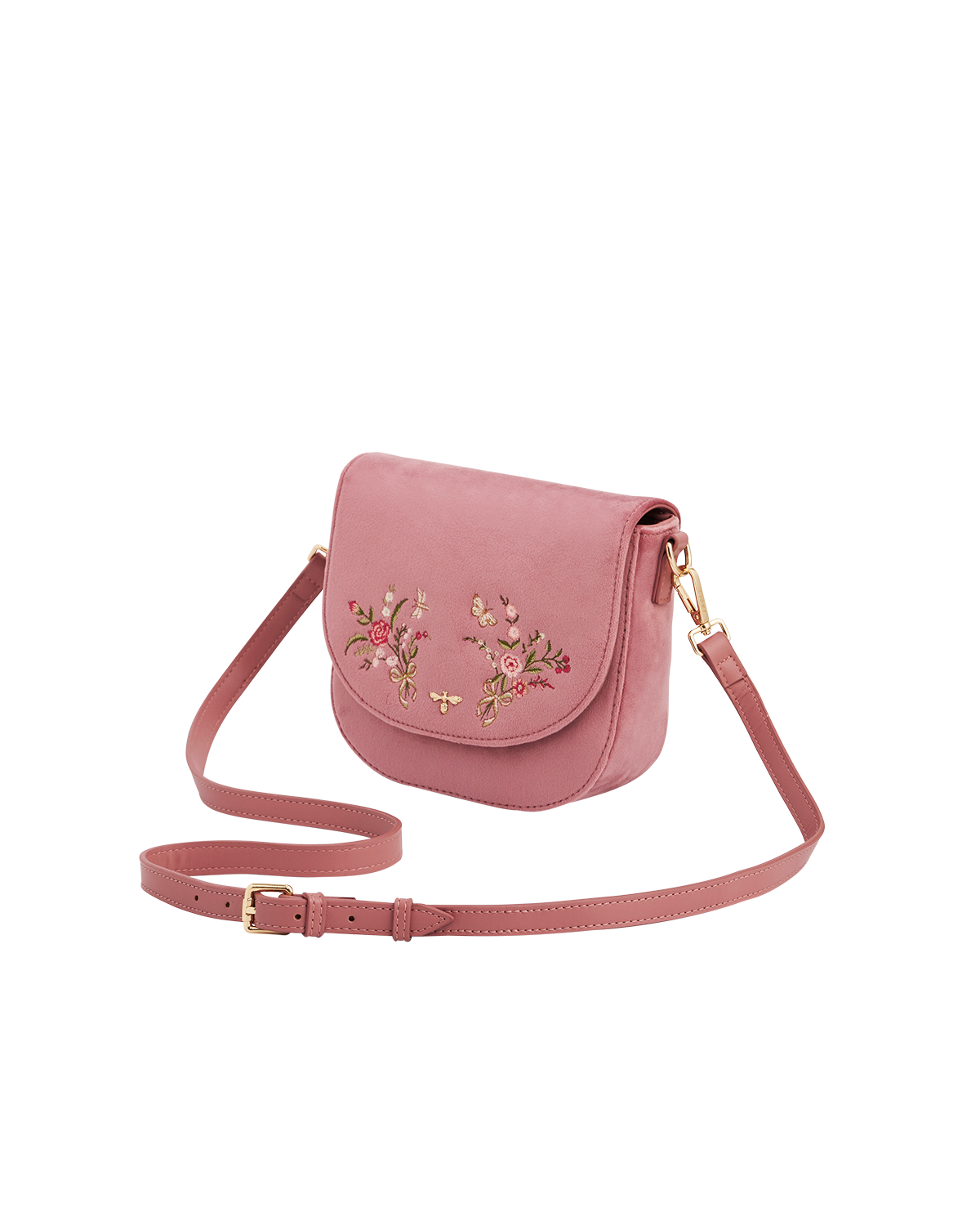 Beth Floral Posy Embroidered Saddle Bag in Rose Pink Velvet