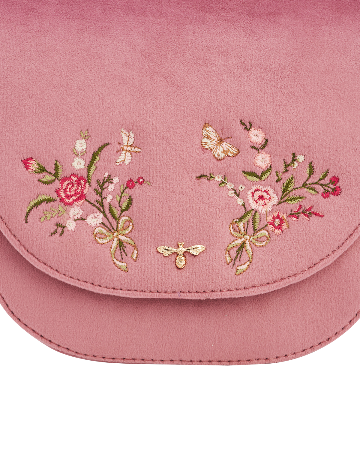 Beth Floral Posy Embroidered Saddle Bag in Rose Pink Velvet