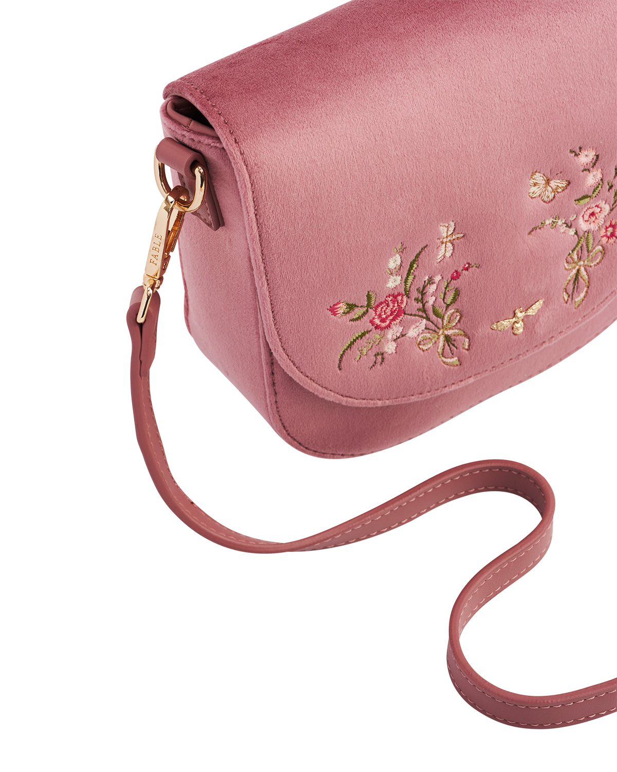 Beth Floral Posy Embroidered Saddle Bag in Rose Pink Velvet