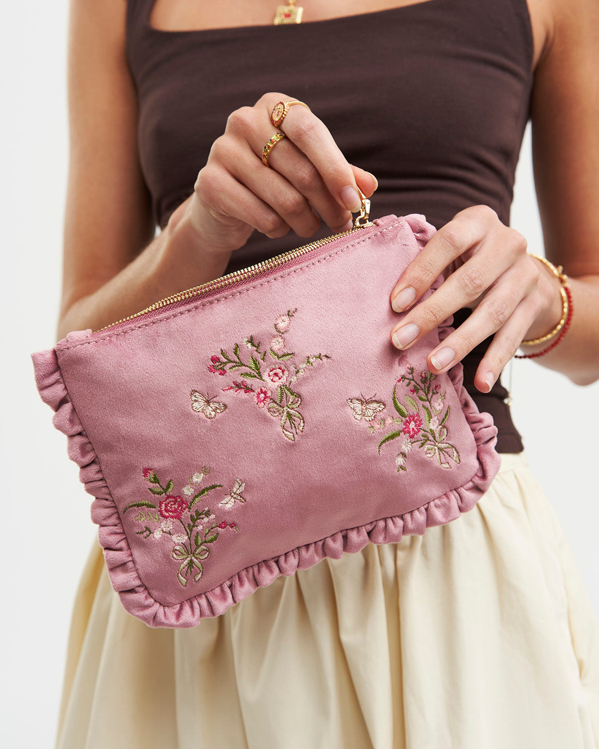 Floral Posy embroidered Medium pouch in Rose Pink Velvet