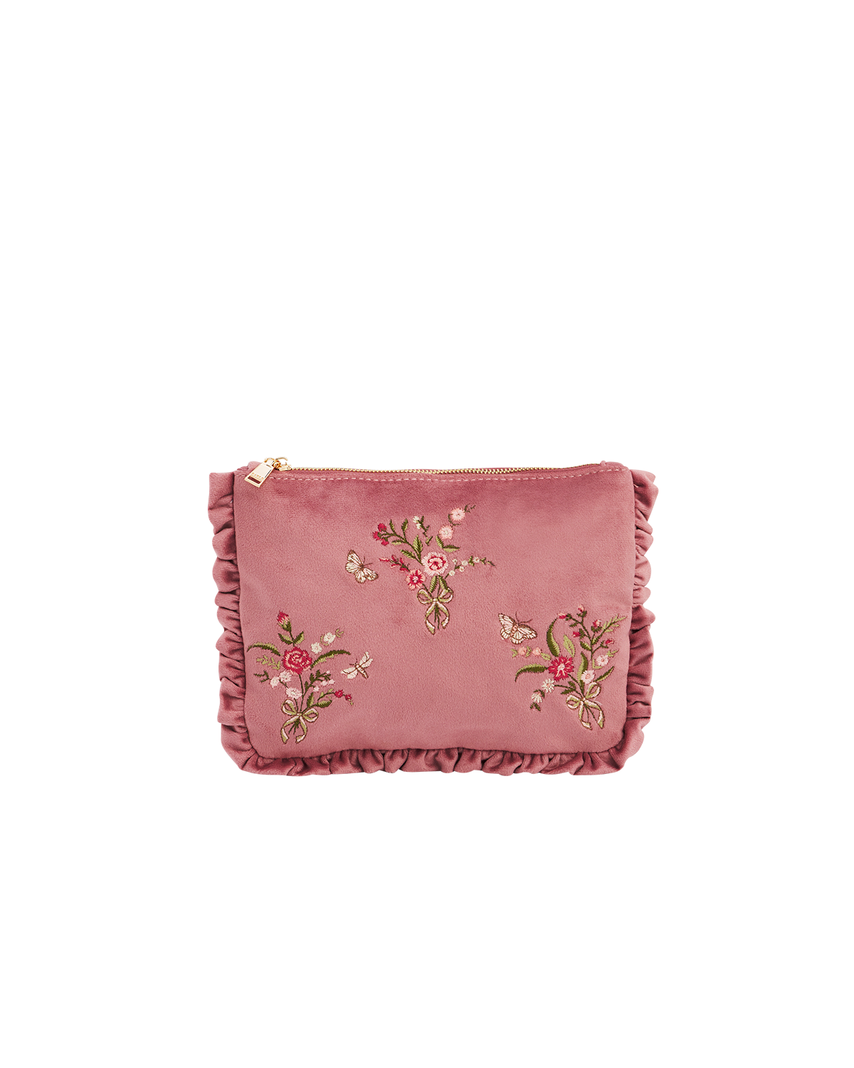 Floral Posy embroidered Medium pouch in Rose Pink Velvet