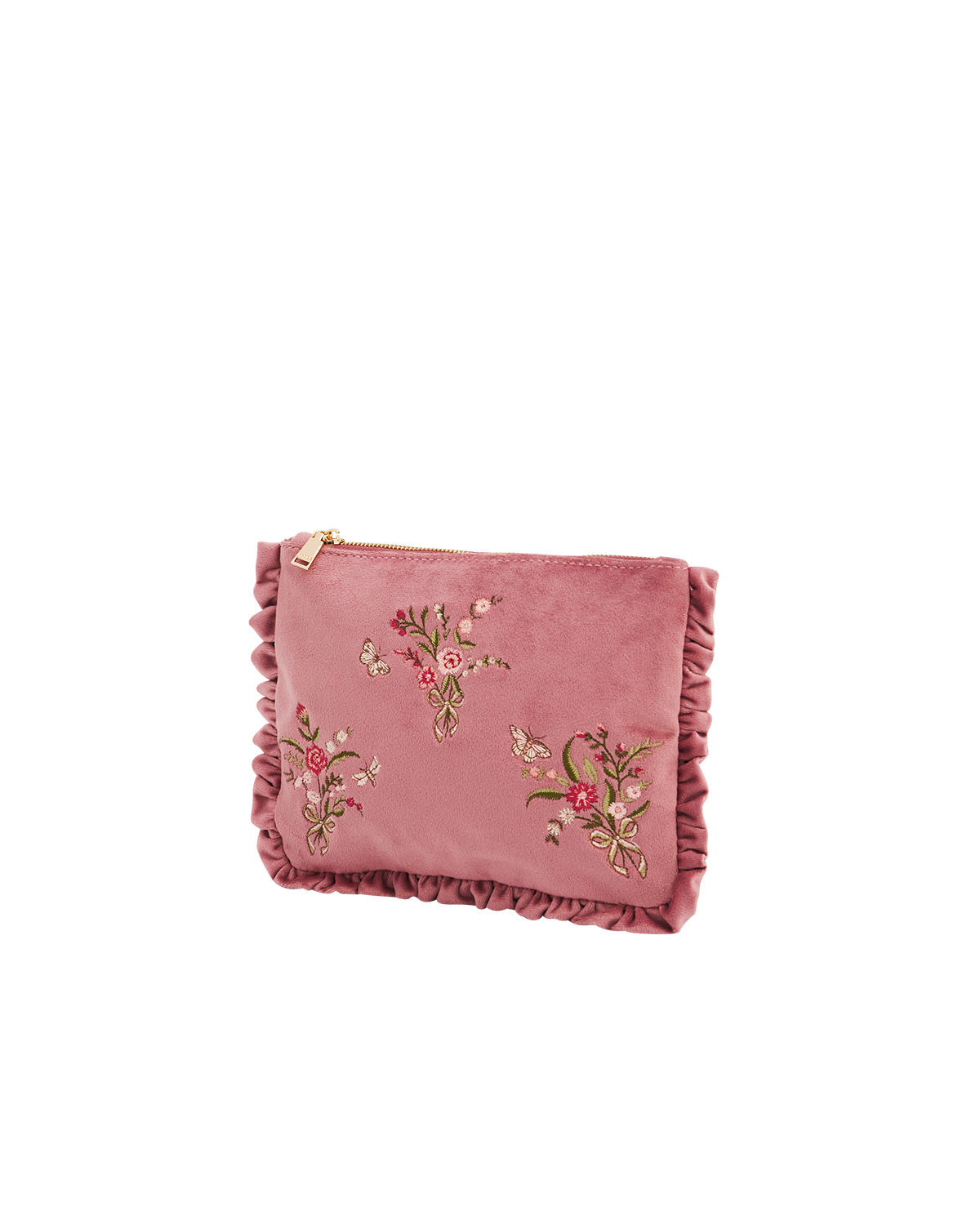 Floral Posy embroidered Medium pouch in Rose Pink Velvet
