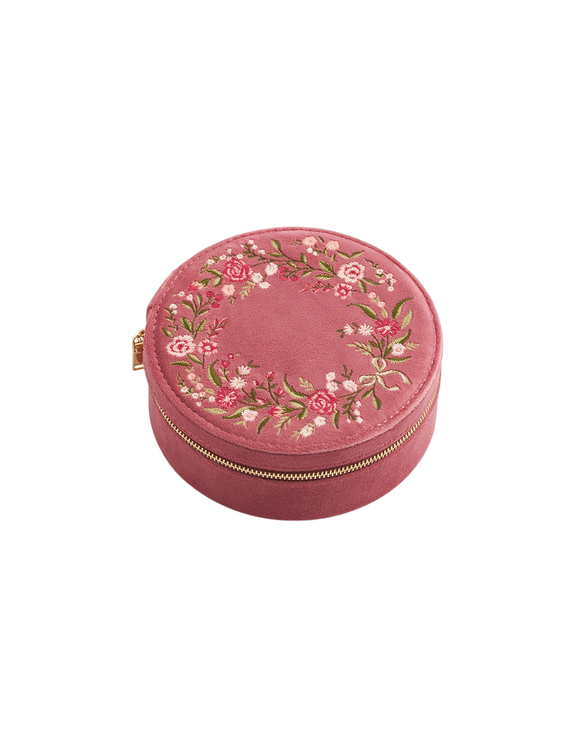 Floral Wreath Embroidered Round Jewellery Box in Rose Pink Velvet