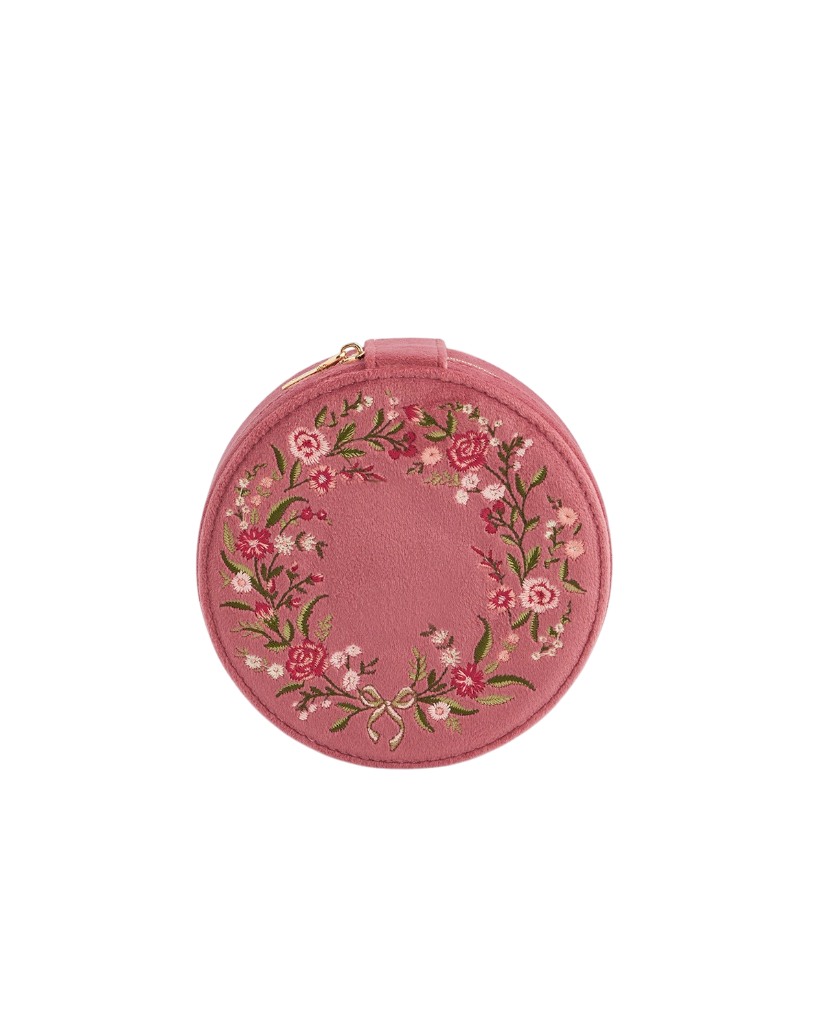 Floral Wreath Embroidered Round Jewellery Box in Rose Pink Velvet