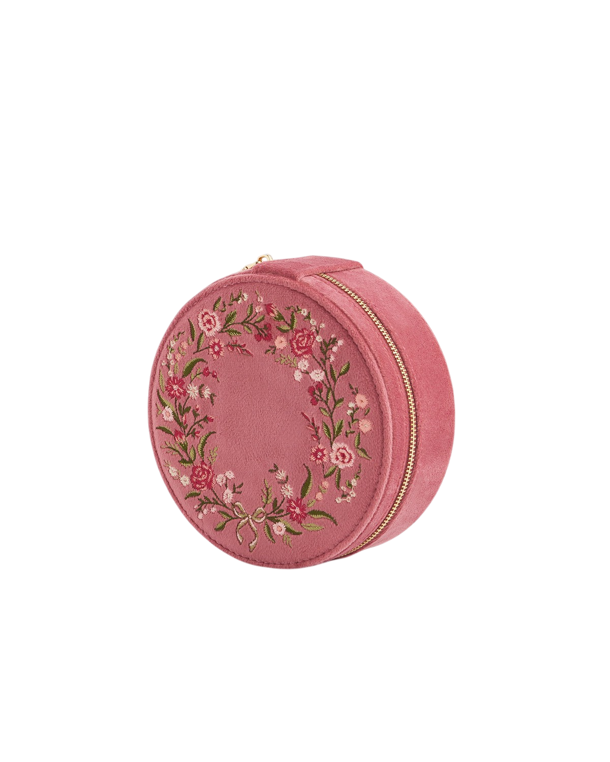 Floral Wreath Embroidered Round Jewellery Box in Rose Pink Velvet