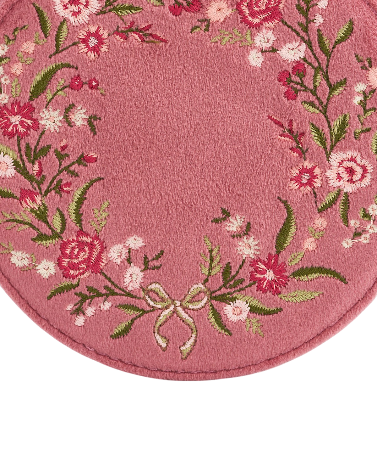 Floral Wreath Embroidered Round Jewellery Box in Rose Pink Velvet