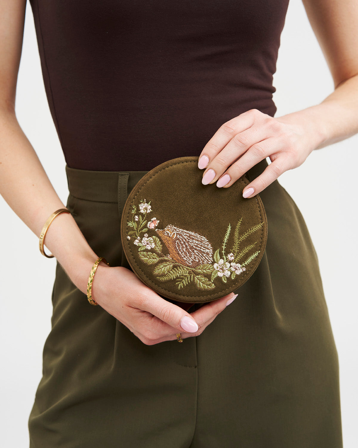 Hedgehog Embroidered Faux Suede Round Jewellery Box in Khaki