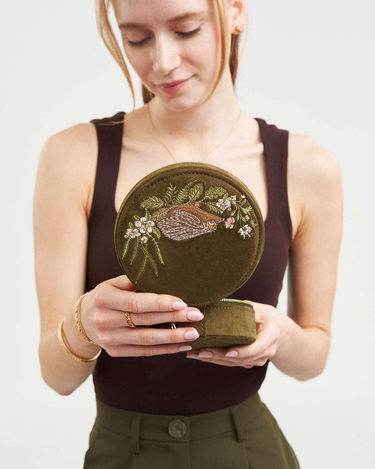 Hedgehog Embroidered Faux Suede Round Jewellery Box in Khaki