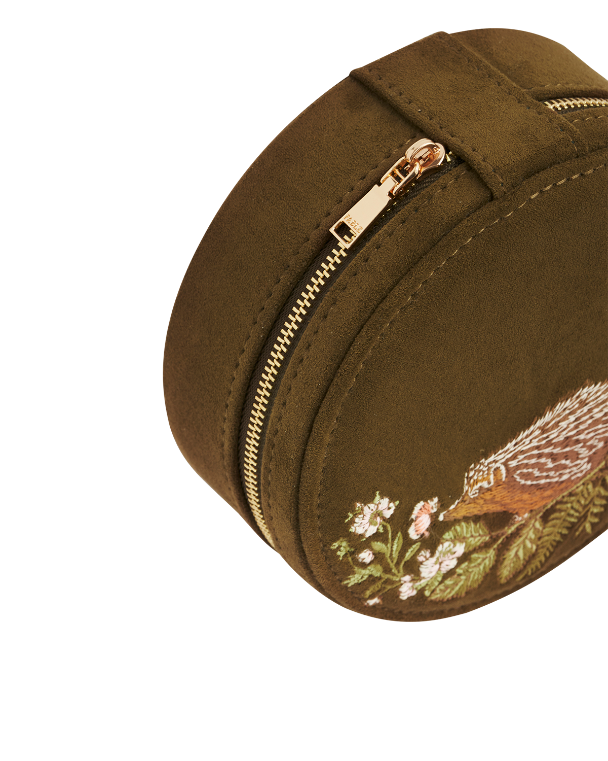 Hedgehog Embroidered Faux Suede Round Jewellery Box in Khaki