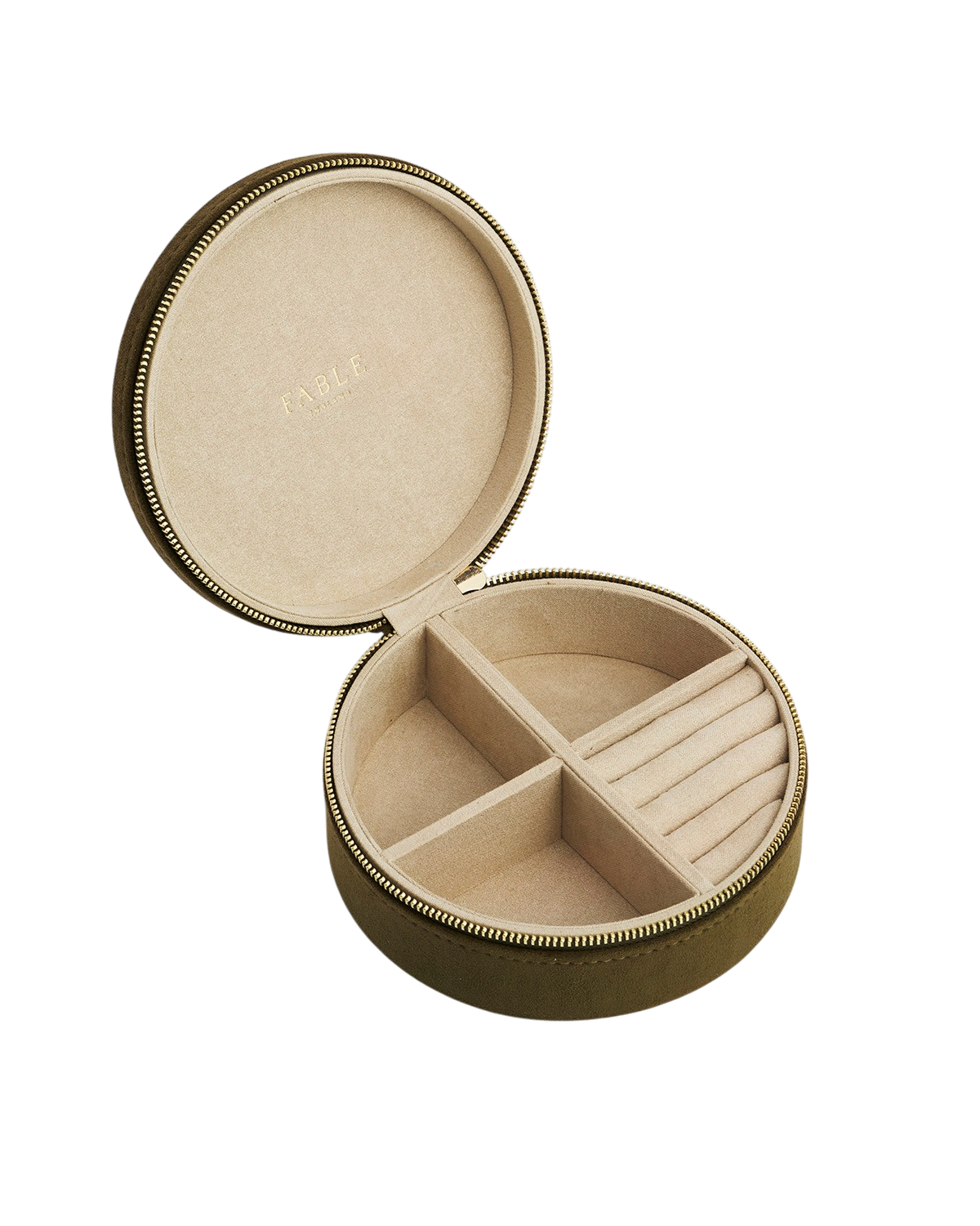 Hedgehog Embroidered Faux Suede Round Jewellery Box in Khaki