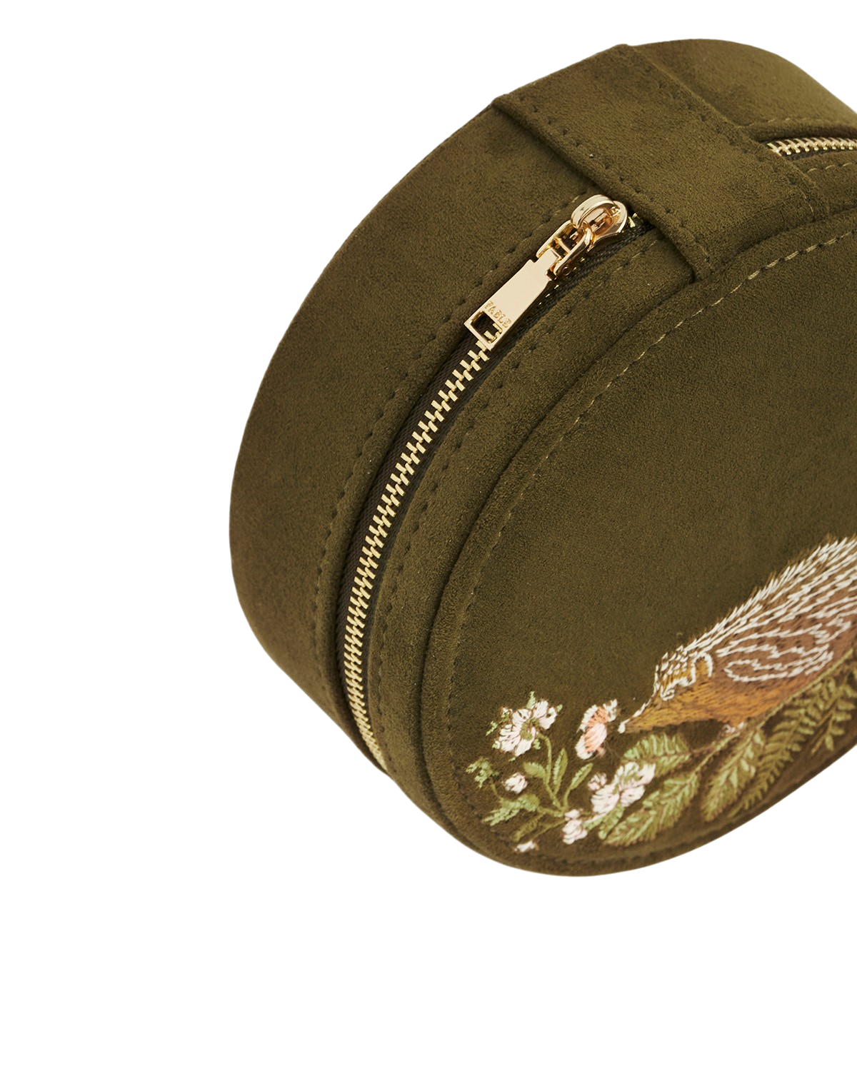 Hedgehog Embroidered Faux Suede Round Jewellery Box in Khaki