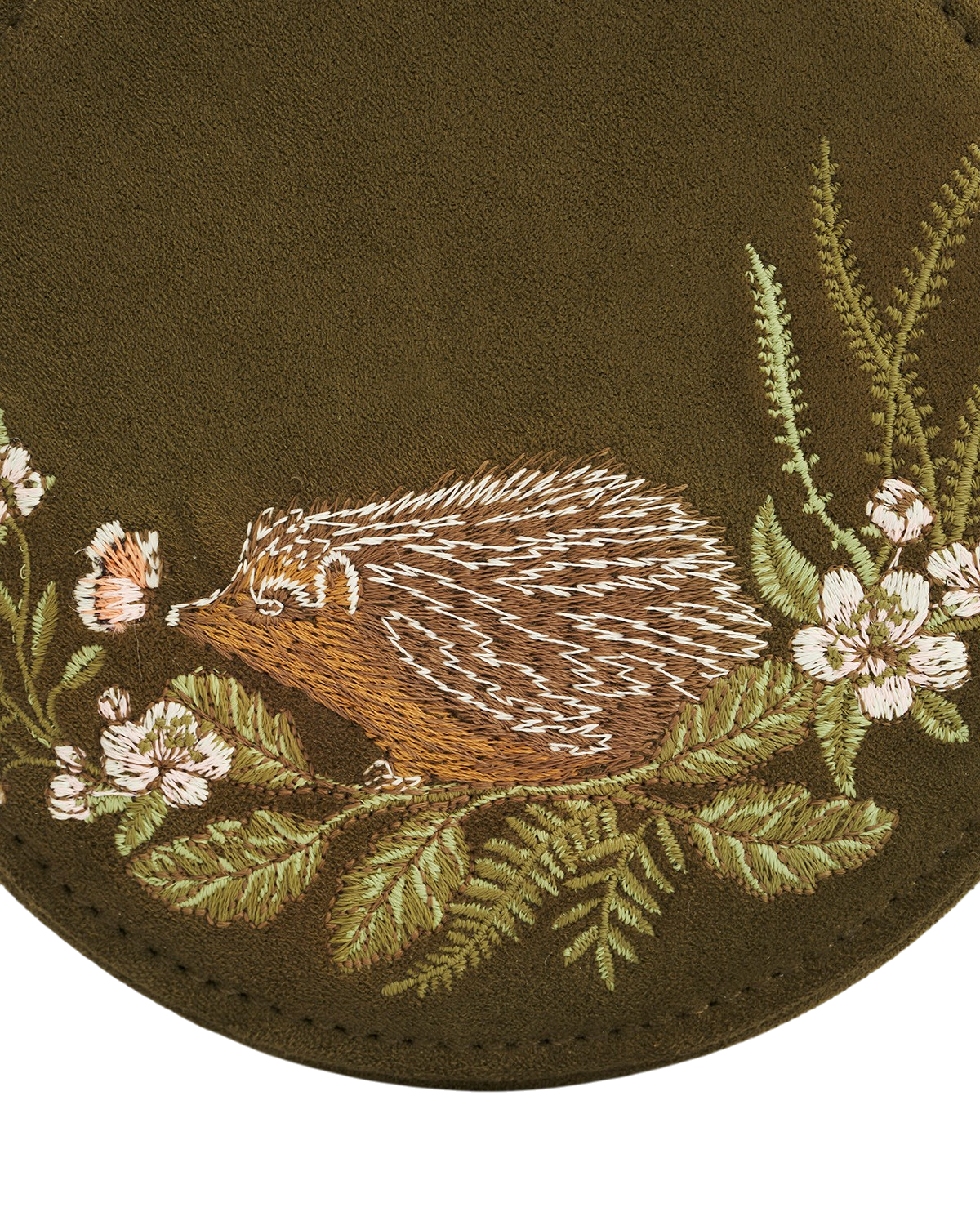 Hedgehog Embroidered Faux Suede Round Jewellery Box in Khaki