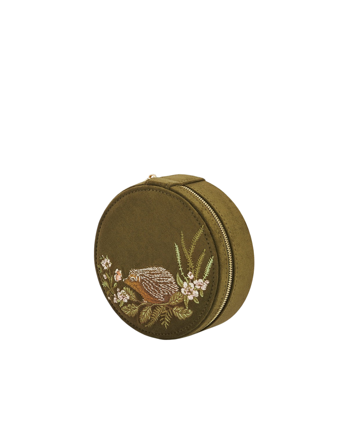 Hedgehog Embroidered Faux Suede Round Jewellery Box in Khaki