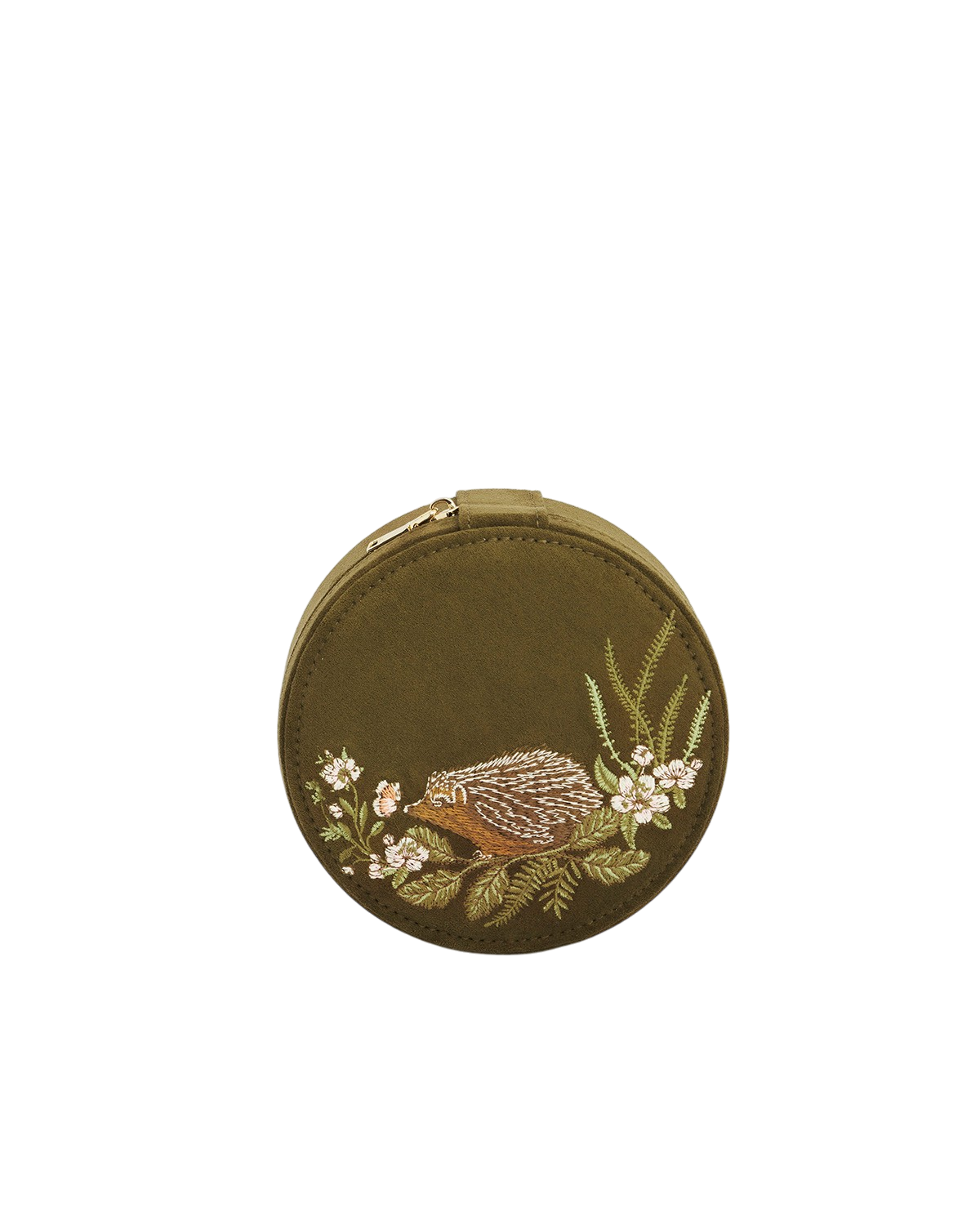Hedgehog Embroidered Faux Suede Round Jewellery Box in Khaki