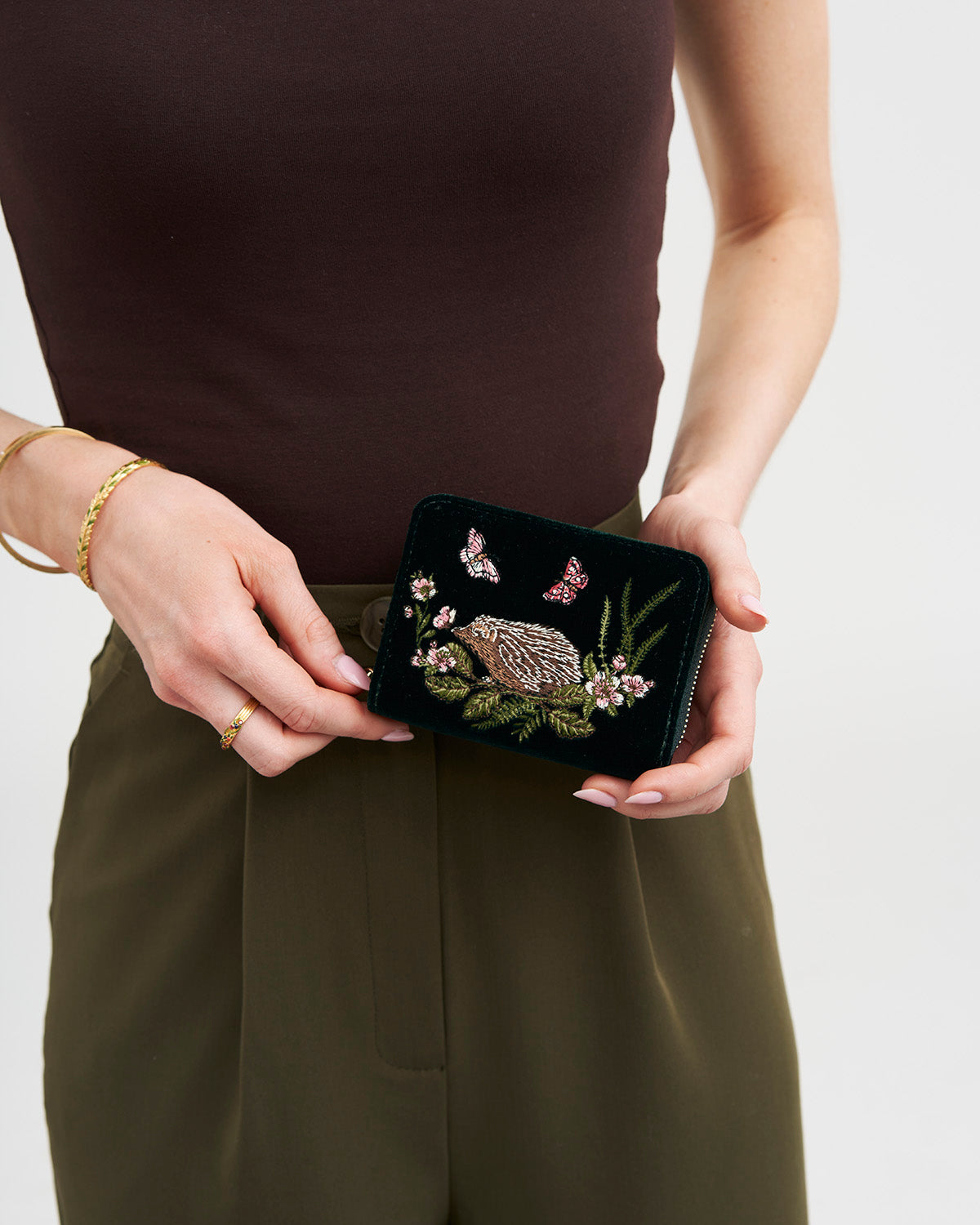 Hedgehog Embroidered Small Purse in Forest Green Velvet