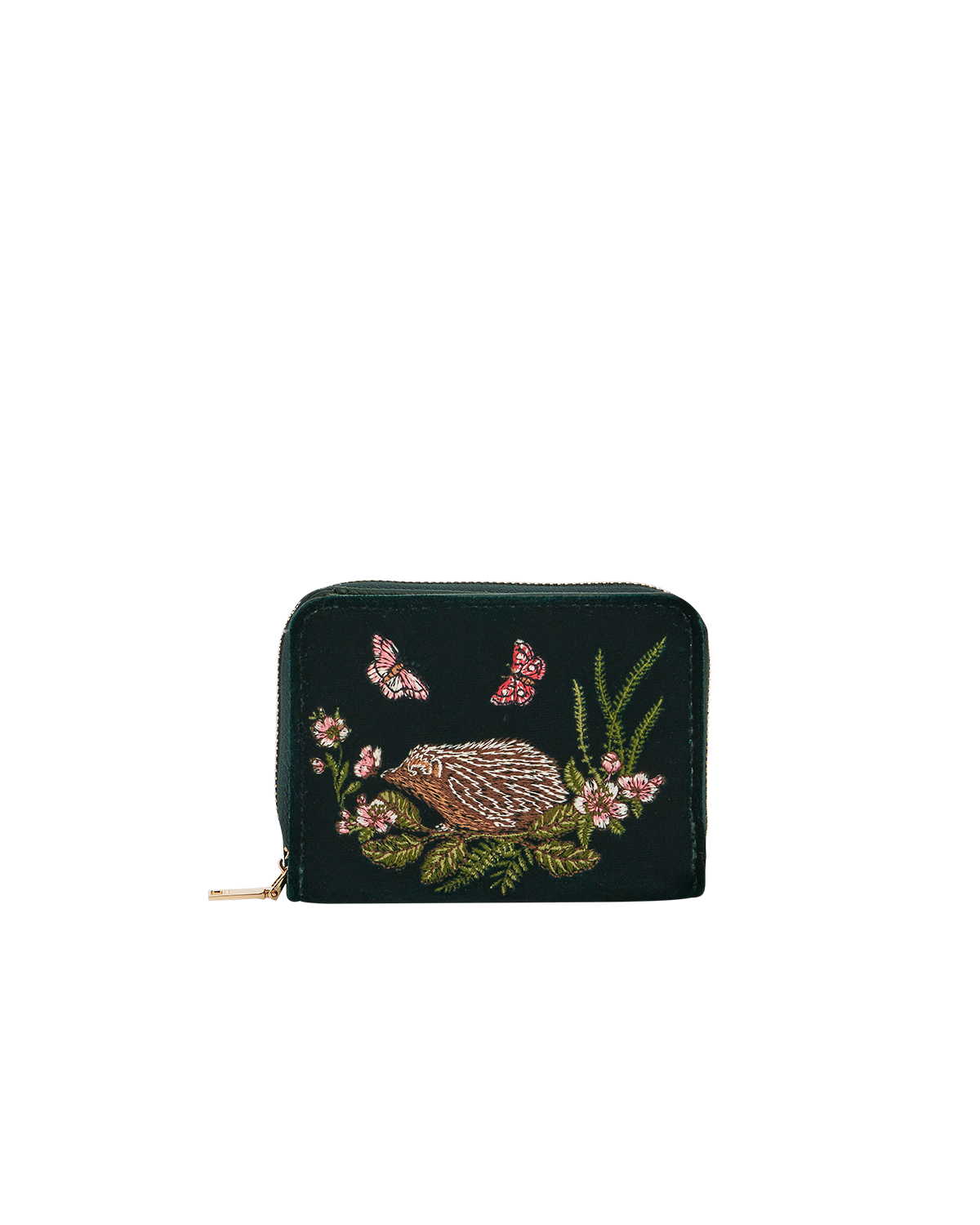 Hedgehog Embroidered Small Purse in Forest Green Velvet
