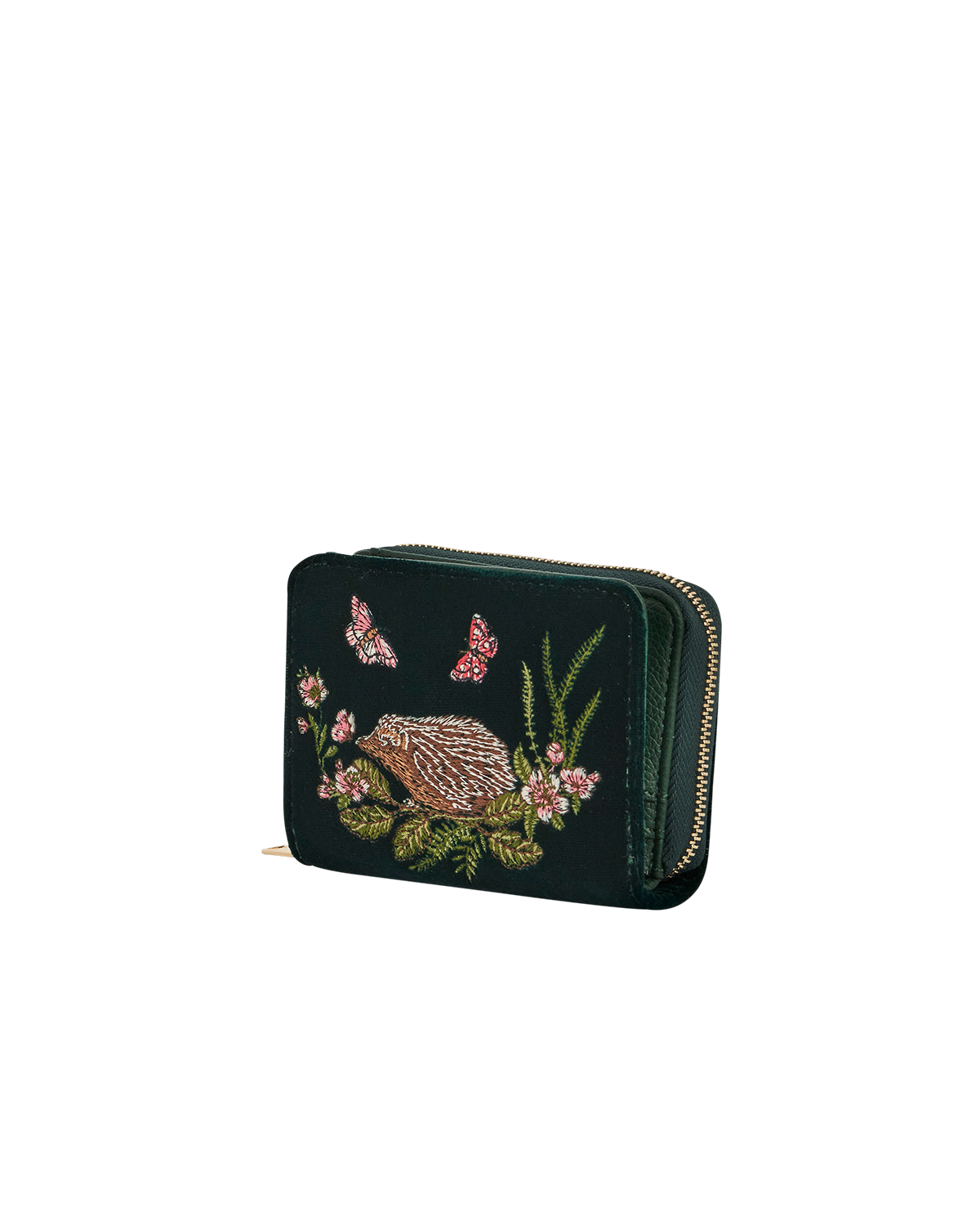 Hedgehog Embroidered Small Purse in Forest Green Velvet