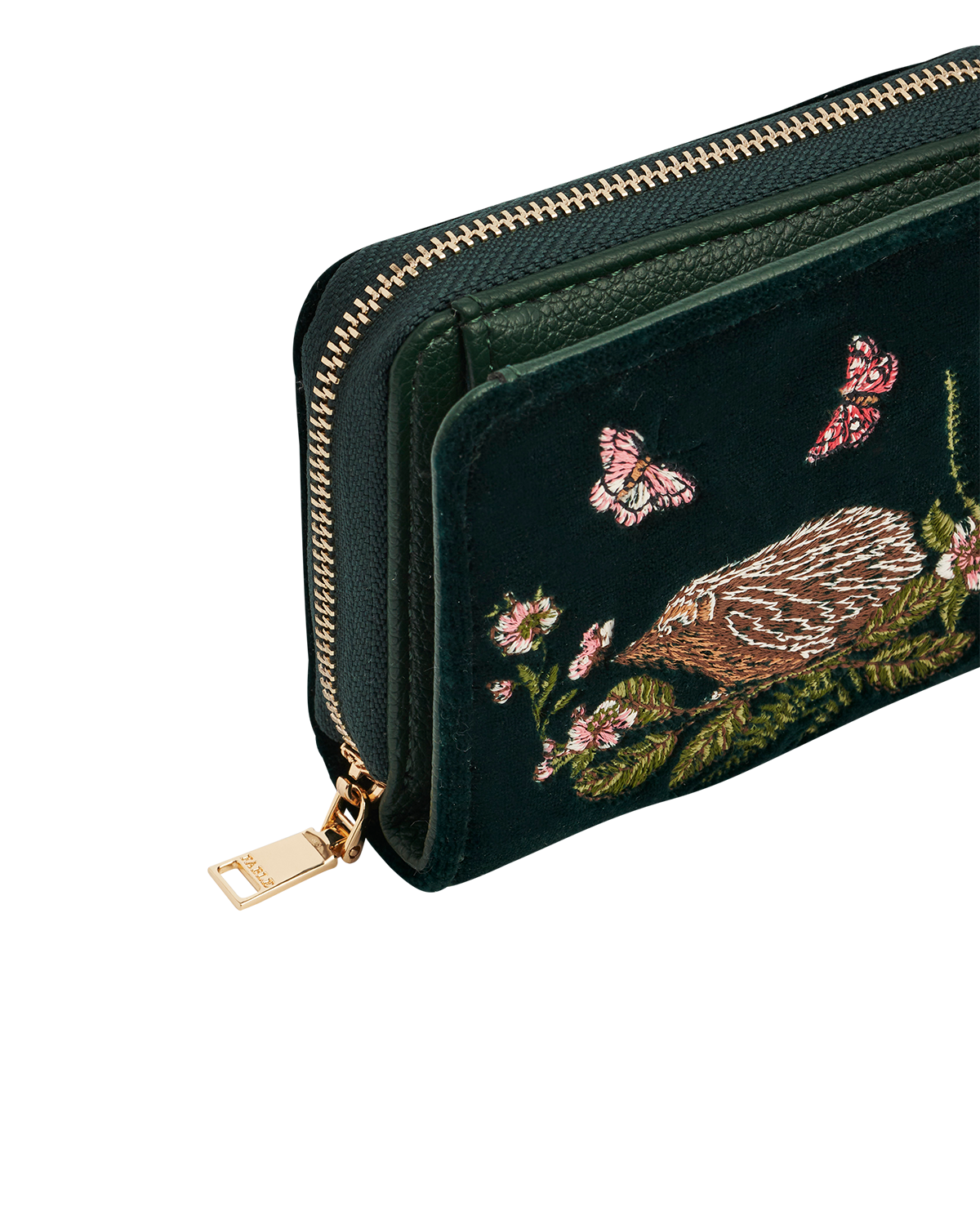 Hedgehog Embroidered Small Purse in Forest Green Velvet
