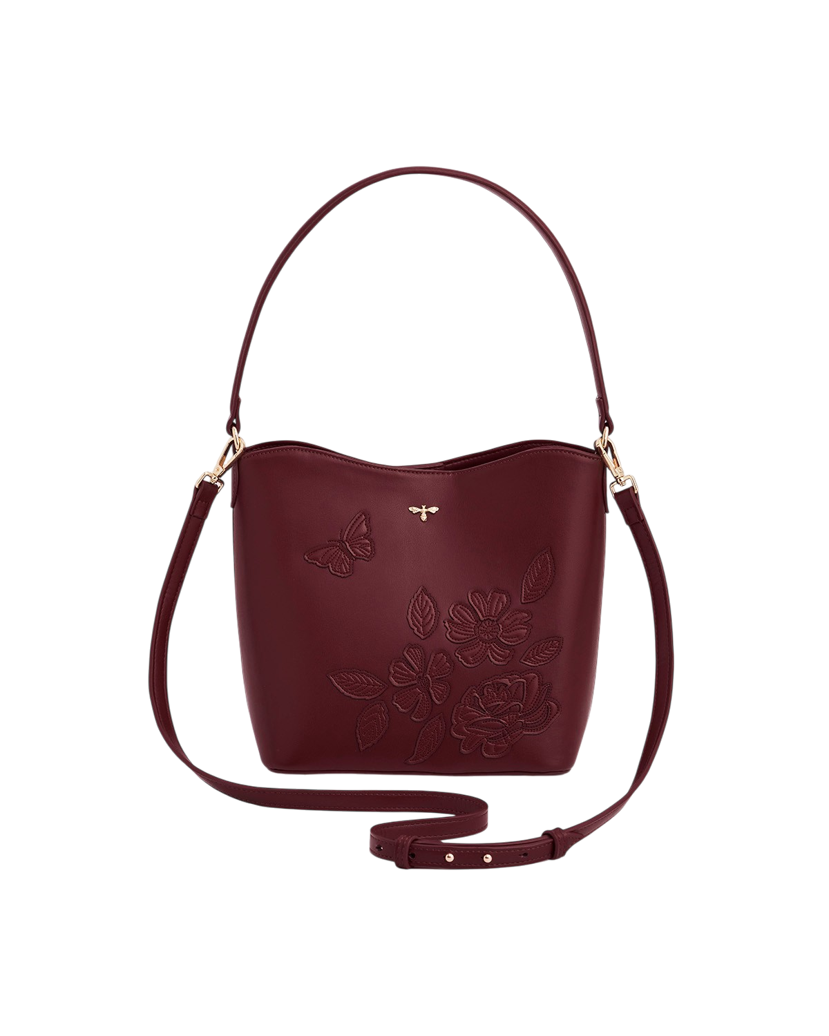 Floral Applique Margot Bucket Bag in Burgundy