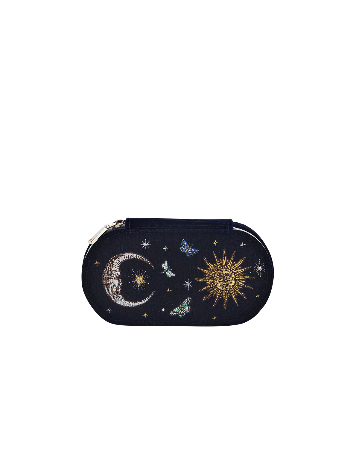 Night Sky Embroidered Oval Jewellery Box in Navy Velvet