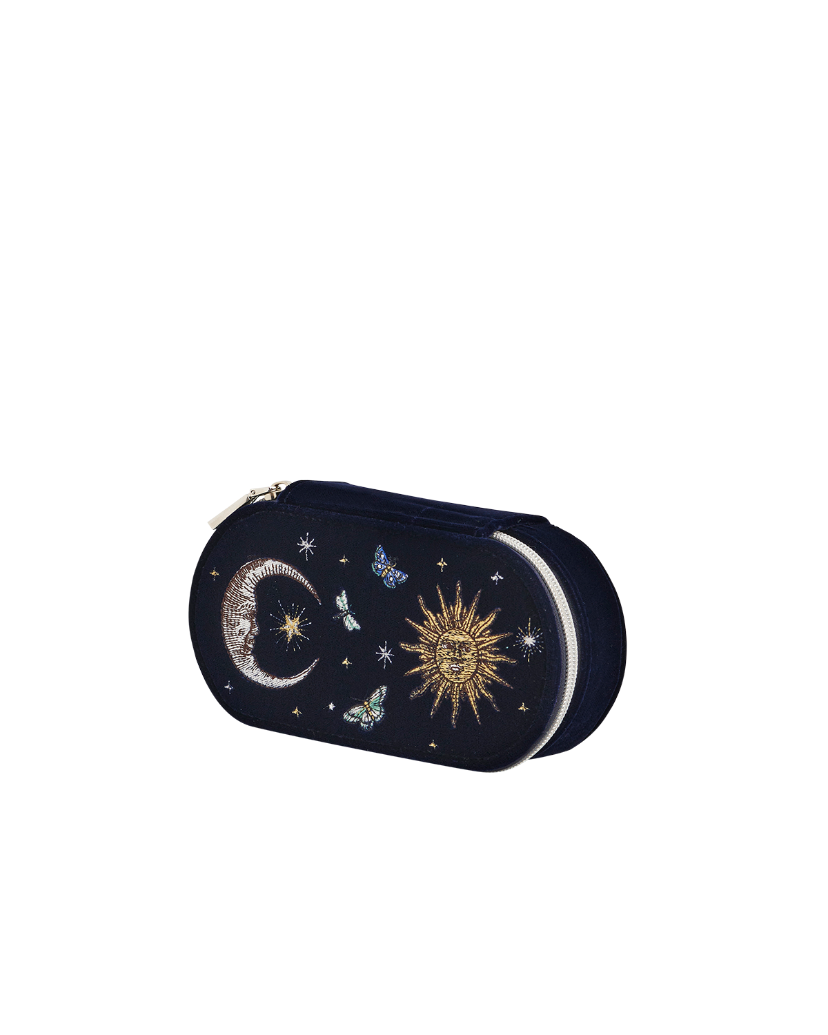 Night Sky Embroidered Oval Jewellery Box in Navy Velvet