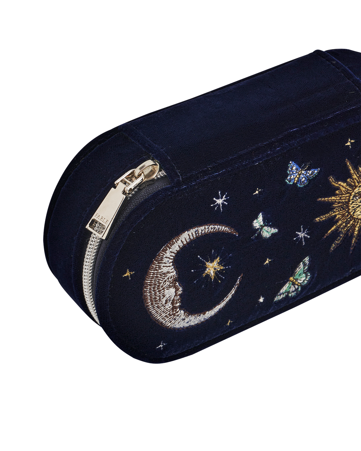 Night Sky Embroidered Oval Jewellery Box in Navy Velvet
