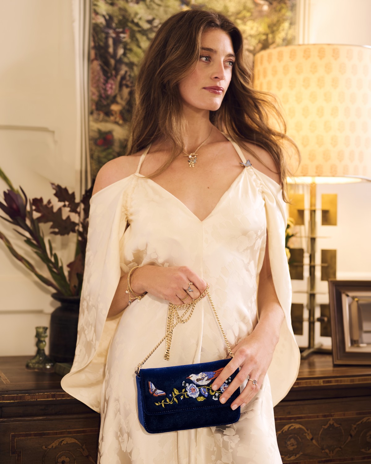 Sophia Nightingale Embroidered Occasion Bag in Sapphire Velvet styled