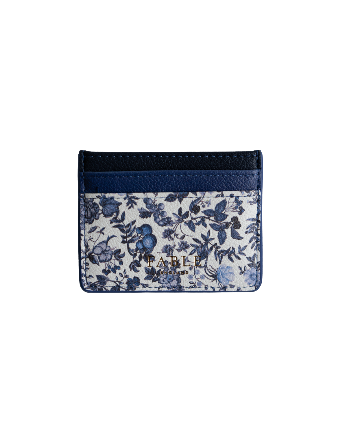 Floral cardholder with navy blue accents on a white background