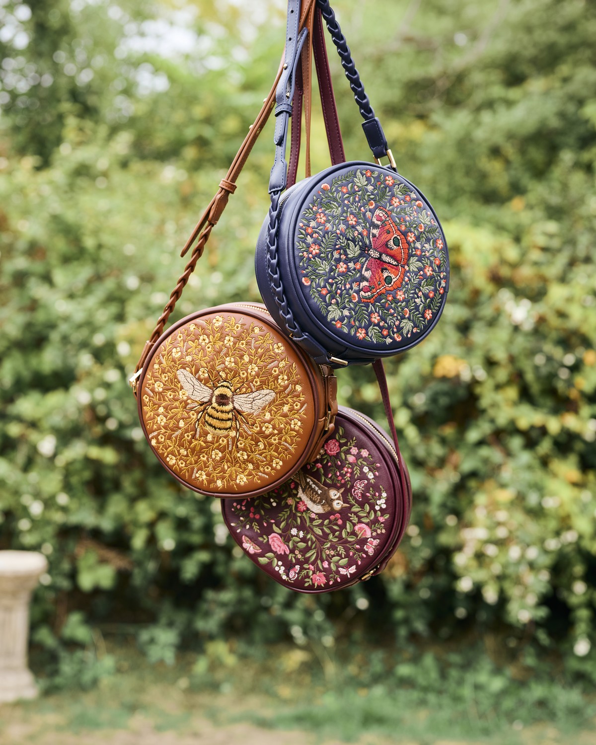 Chloe Owl Embroidered Circle Bag in Burgundy and Chloe Butterfly Circle Bag styled