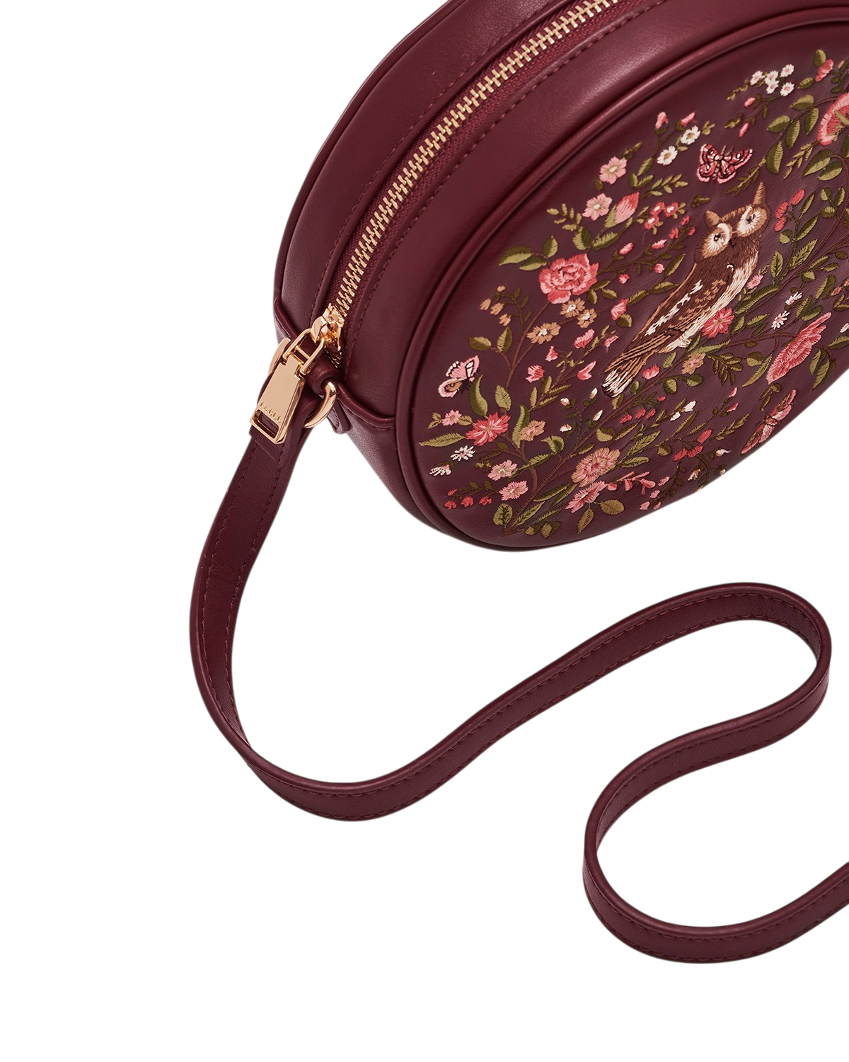 Chloe Owl Embroidered Circle Bag in Burgundy
