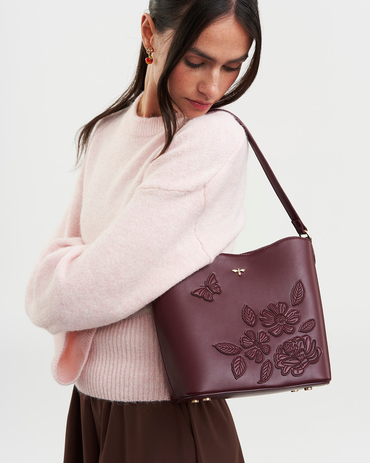 Floral Applique Margot Bucket Bag in Burgundy