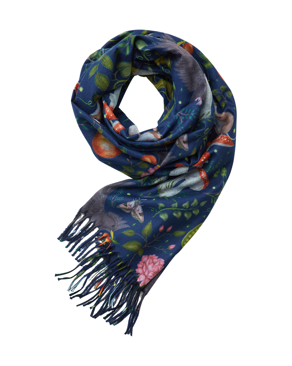 blue woodland print cosy winter scarf