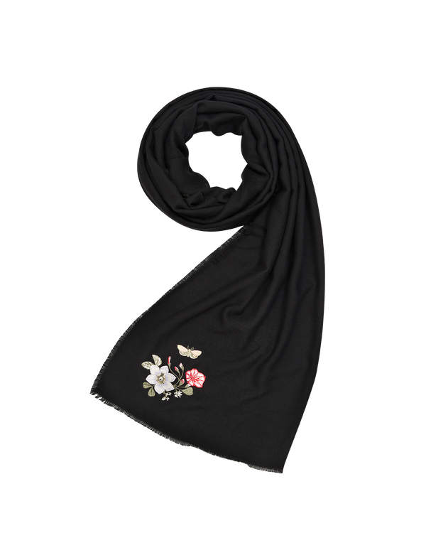 Floral Embroidered Black Pashmina Scarf