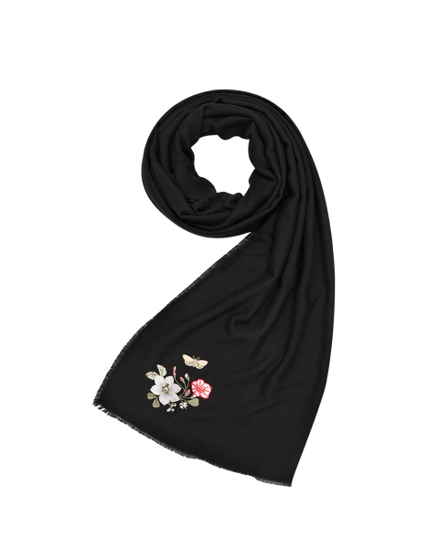 Floral Embroidered Black Pashmina Scarf | Fable England