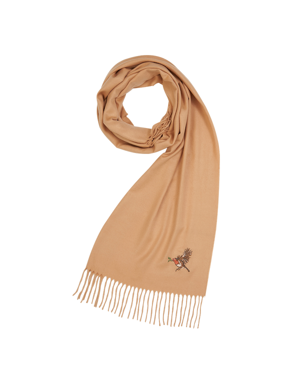 Robin Embroidered Cosy Camel Scarf