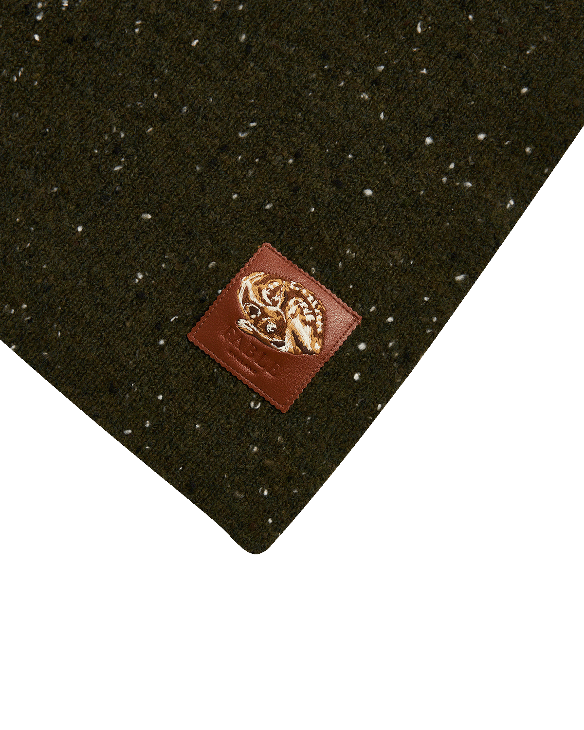 close up of brown Fable England logo with fawn design on white background