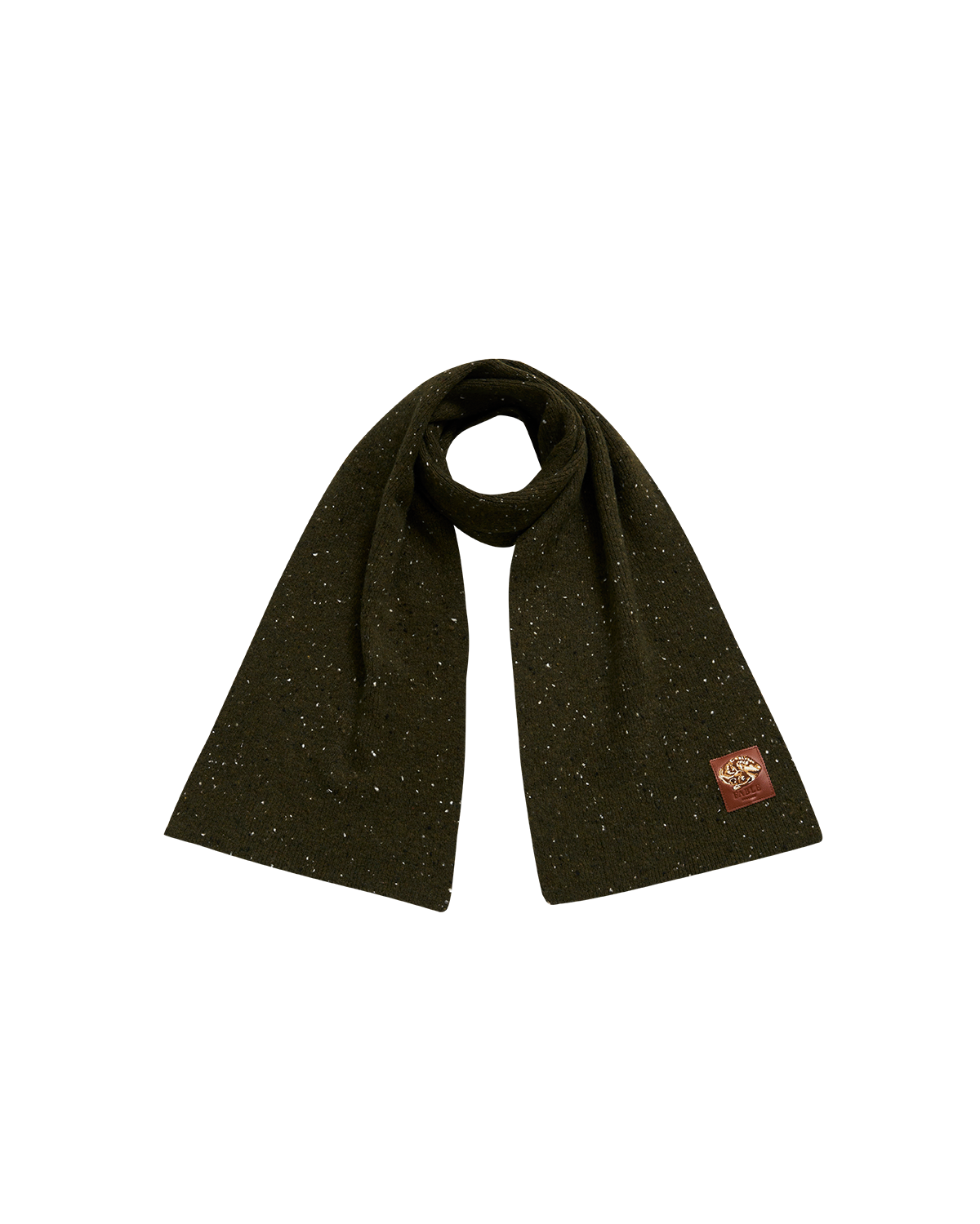Green knitted winter scarf on white background