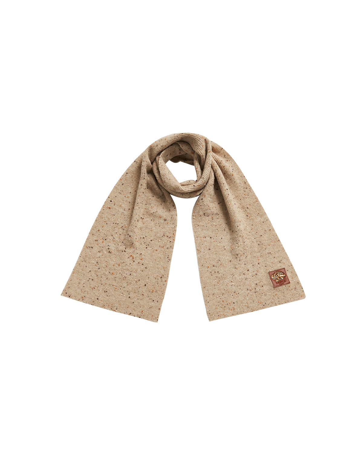 Taupe knitted scarf with a small logo on a white background