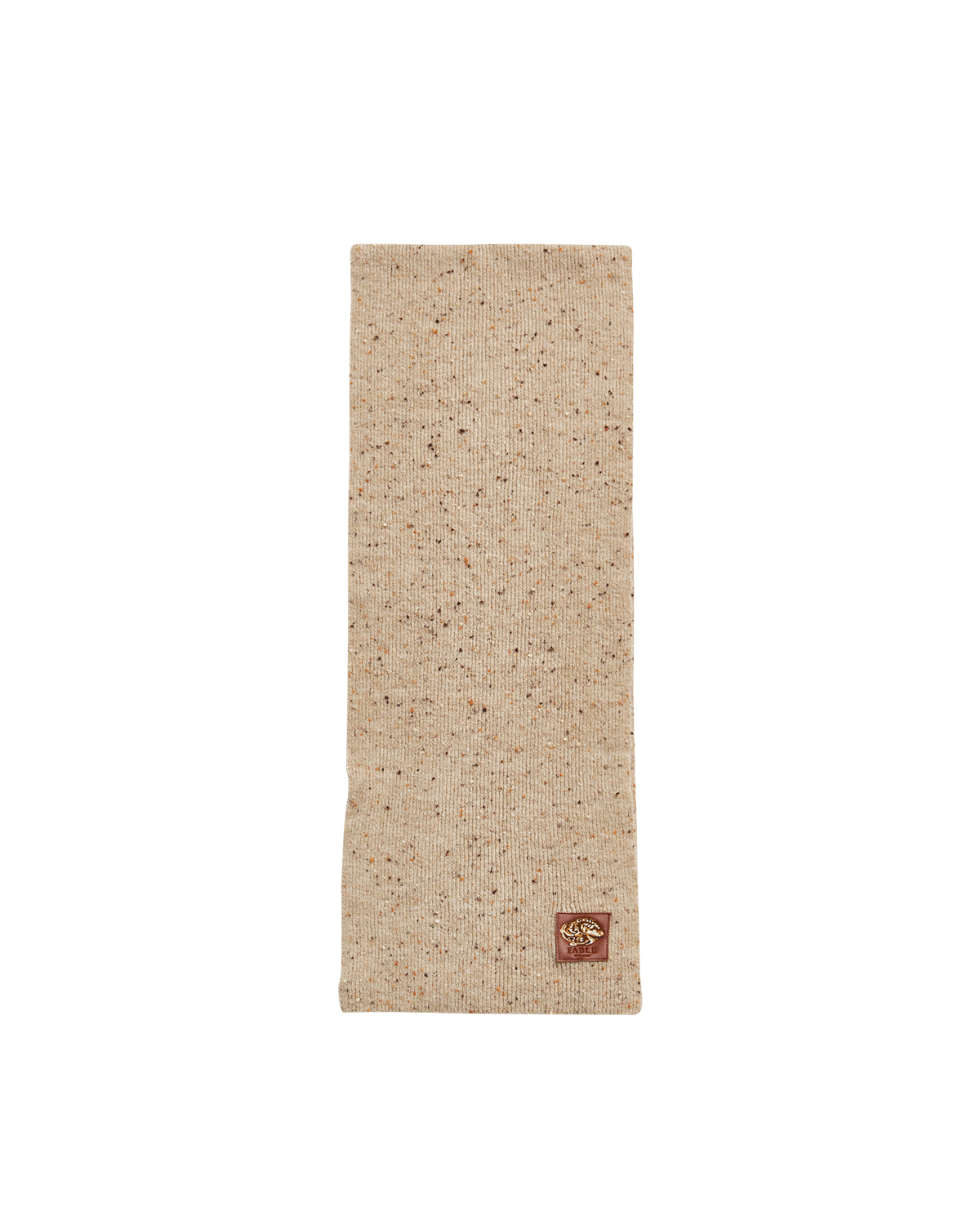 Taupe textured scarf with a small logo on a white background
