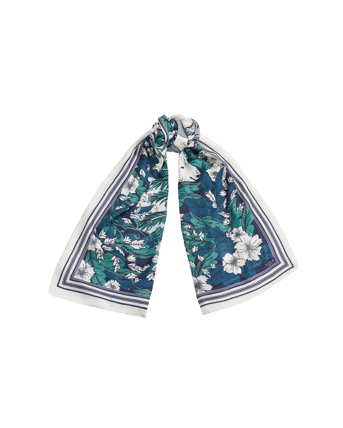 Floral patterned scarf tied in a knot on a white background