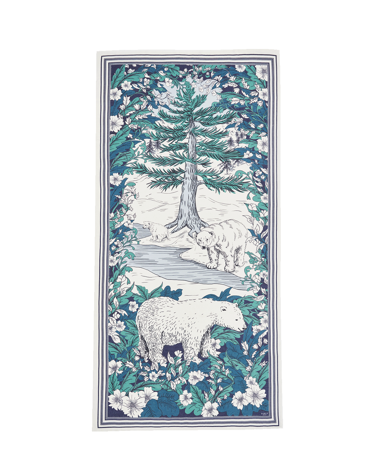 Decorative scarf with polar bears, trees, and flowers on a blue background